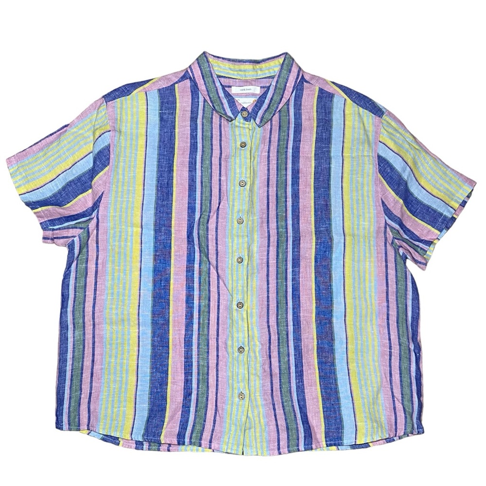 C&C California 100% Linen Multicolor‎ Striped Button Top Medium GUC short sleeve